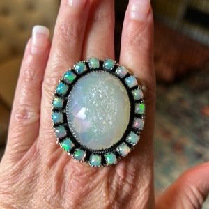 Colie’s Closet sterling silver white druzy with Ethiopian opals cluster ring